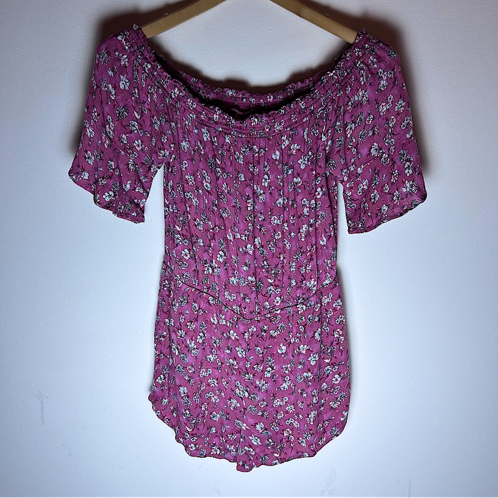 Aeropostale Pink/Plum Floral Printed Romper - Off-Shoulder, Shorts with Flowers